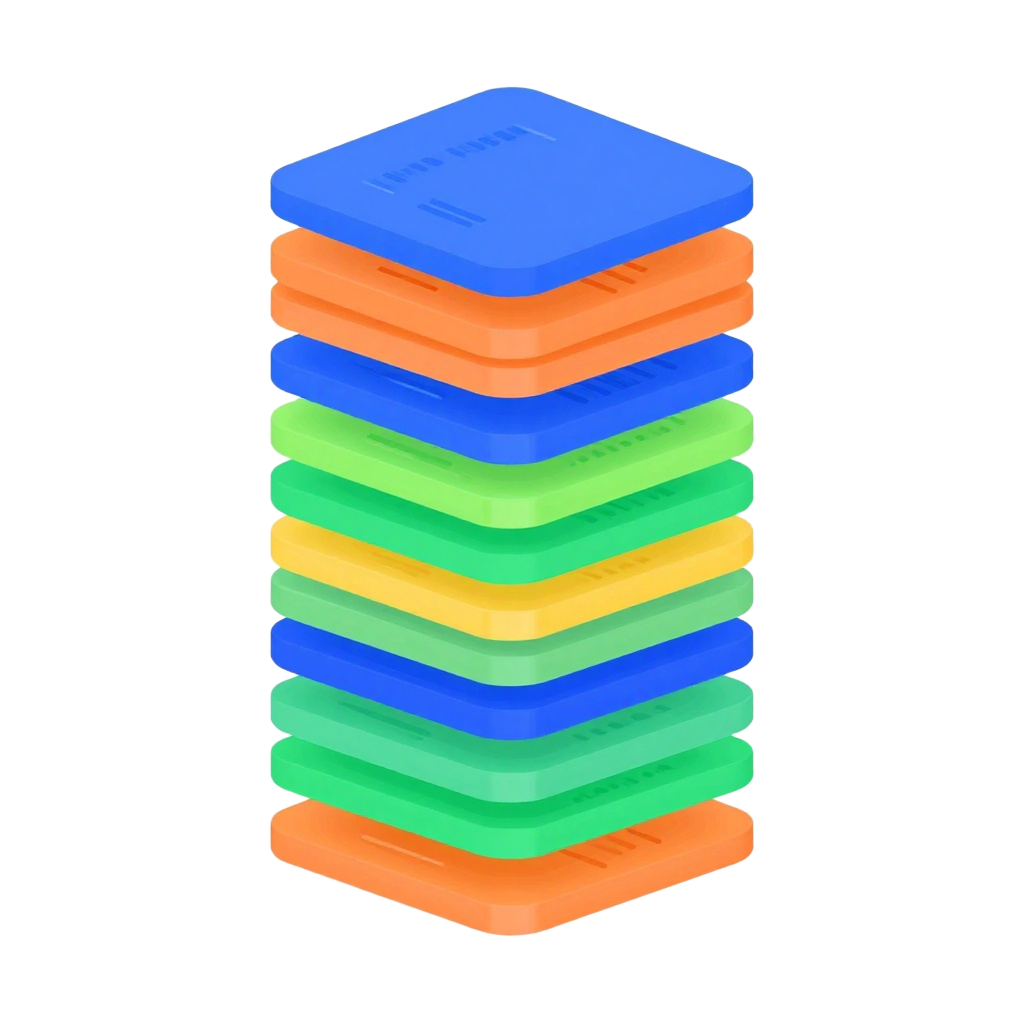 The StackMyAI stack — colorful layered cards representing AI prompts, skills, and tools