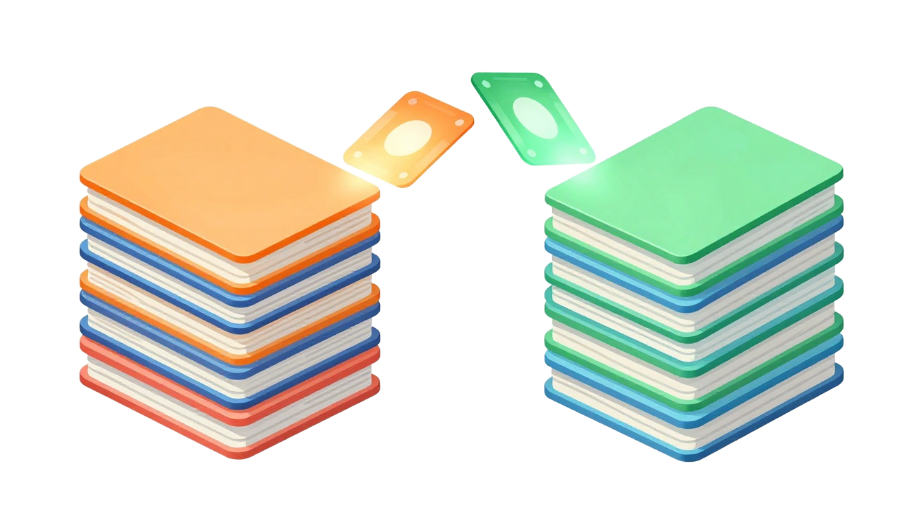 Two stacks of cards exchanging a glowing skill card